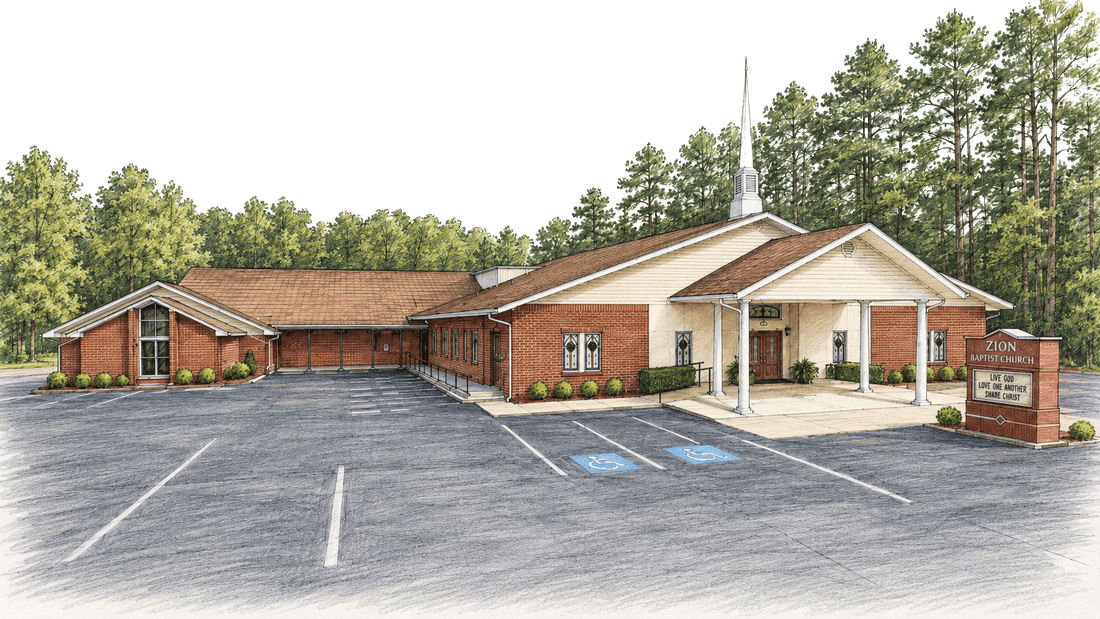 Illustration of the Zion Baptist Church building, a brick church with a white steeple and covered front entrance, on Highway 229 in Fordyce, Arkansas